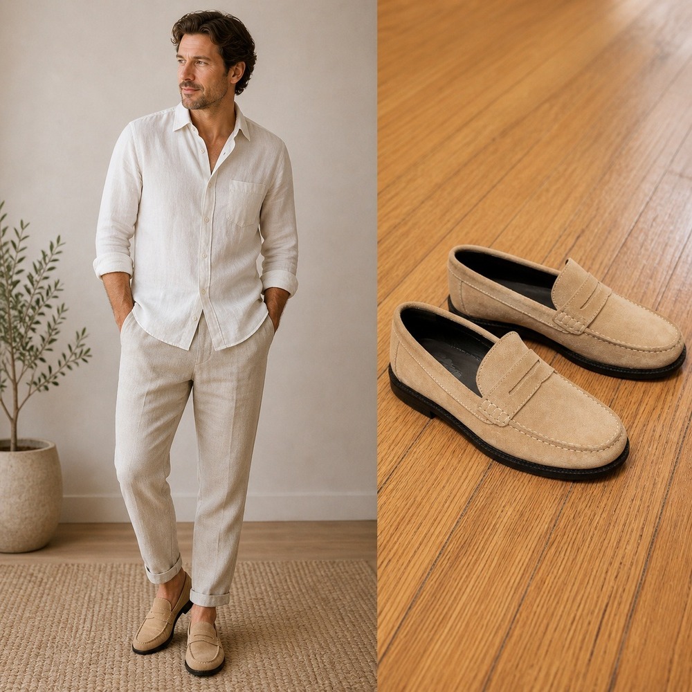 Vinny's Townee Penny Loafer Suede Mens 9 Beige Made in Portugal 42 Preppy Casual